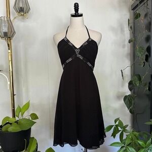 Pagani Y2K Black Beaded Halter Mini Dress Sheer Fairycore Goth Size 12
